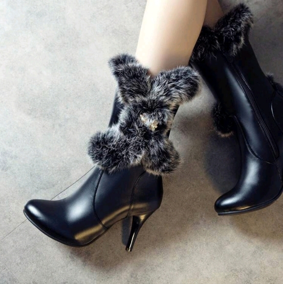 Pointed Toe High Heel Ankle Boots, Sexy New Rabbit Fur Short Boots For Winter - Picture 3 of 5